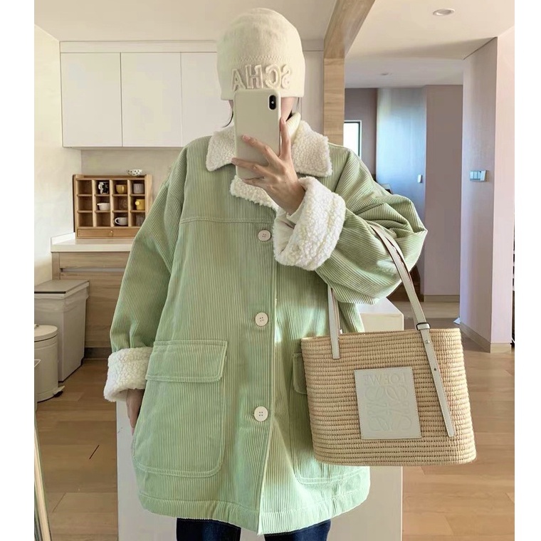 Áo khoác nữ lót lông màu xanh ngọc cổ vest chất nhung tăm, Áo khoác nhung cổ vest lót lông ấm áp