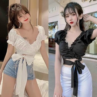 Áo kiểu nữ nhúng croptop chéo cột nơ eo