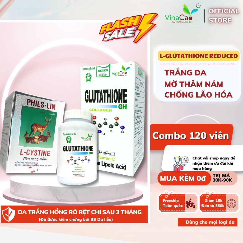 Combo viên uống trắng da chuyên sâu 120 viên gồm Glutathione Collagen GH và L-cystine Phils-lin dùng trong 1 tháng