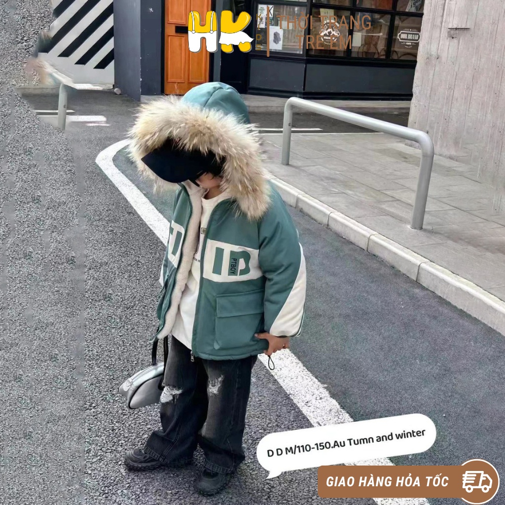 Áo khoác PARKA lót lông cho bé HK KIDS, áo khoác chữ TIID kèm mũ đại hàn siêu dày giữ ấm mùa đông sz cho bé từ 4-10 tuổi