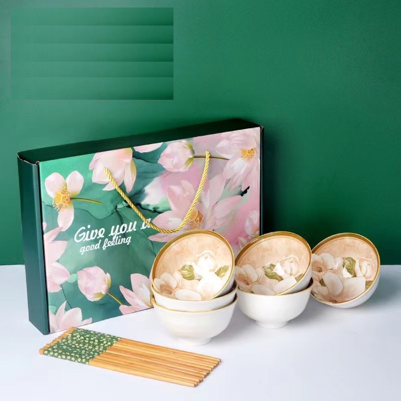 Set 6 Bát Họa Tiết Lá Kèm 6 Đôi Đũa