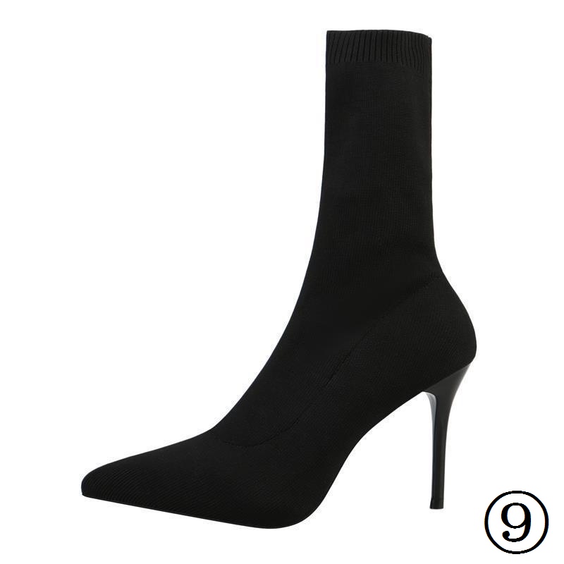 Giày Boot Cao Gót 7cm Mũi Nhọn Chất Liệu Len Co Giãn Thời Trang Thu Đông