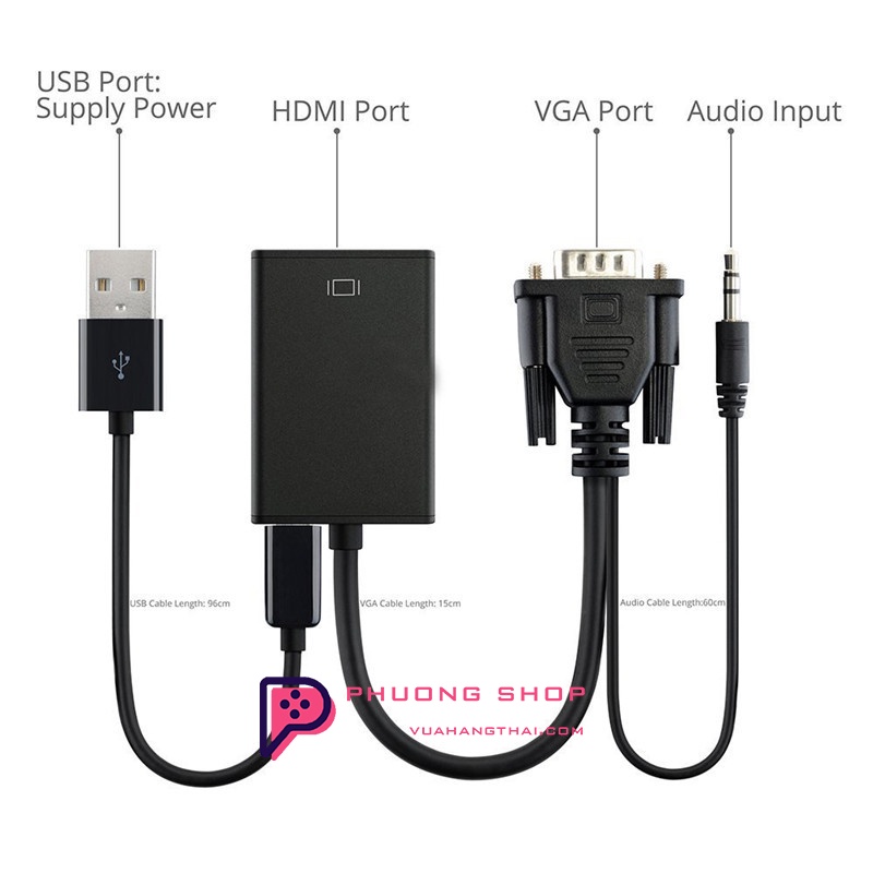 Bộ cáp chuyển đổi VGA sang HDMI Có Audio, VGA TO HDMI FullHD 1080P