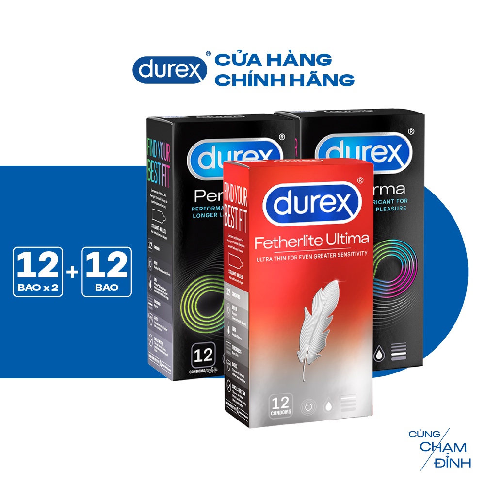 Bộ 2 bao cao su Durex Performa kéo dài thời gian và 1 Durex Durex Fetherlite Ultima siêu mỏng (size 52mm, hộp 12 bao)