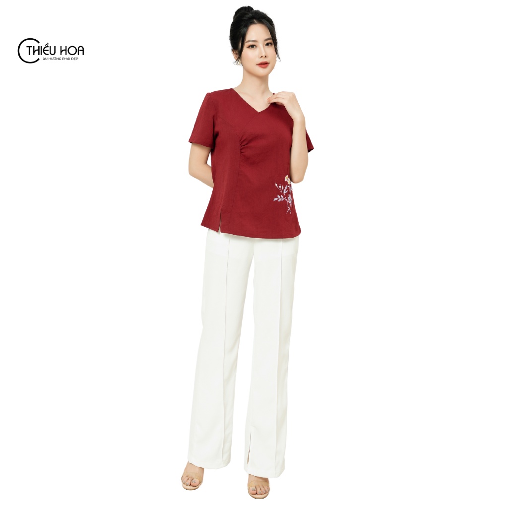 Áo kiểu trung niên cho mẹ, thiết kế sang trọng, chất liệu linen mềm mịn, thoáng mát Thiều Hoa L1015