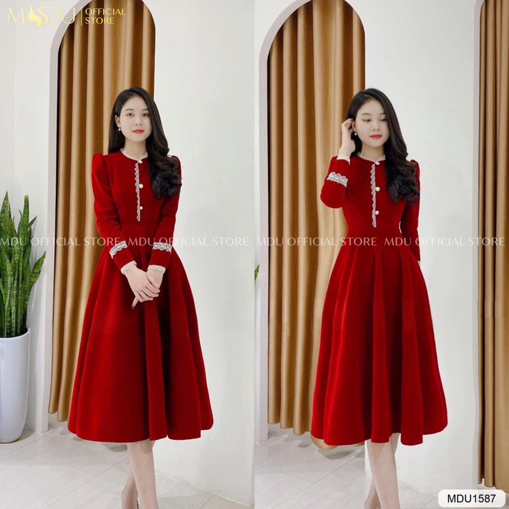 Đầm thiết kế chất nhung hàn phối viền ren, tiểu thư, sang chảnh MDU1587- MDU COLLECTION