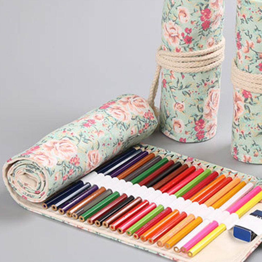 Túi Đựng Bút Dạng Cuộn Chất Liệu Canvas Họa Tiết Hoa Kích Thước 12-72