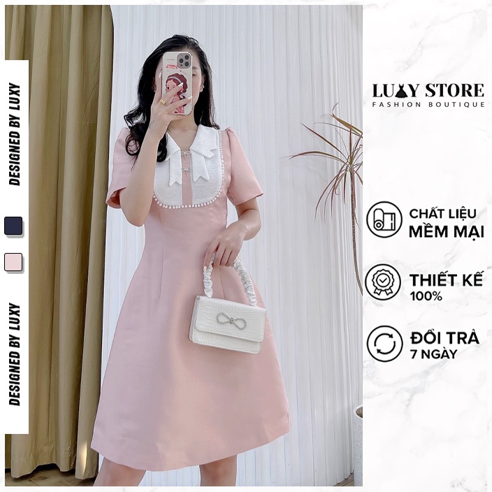 Váy Luxy v30333 liền tay cộc cổ nơ phối ren viền yếm