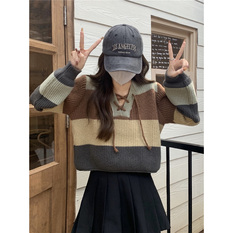 Áo Dệt Kim Tay Dài Cổ Chữ V Màu Trơn Dáng Ôm Họa Tiết Kẻ Sọc Thời Trang Hàn Quốc 2023 Cho Nữ