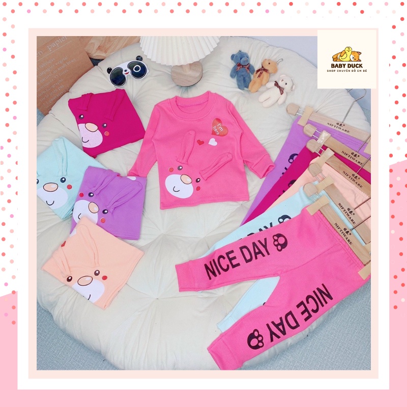 Quần áo thu đông tay dài quần dài tai thỏ cho bé trai và bé gái chất liệu len tăm size 8-18kg