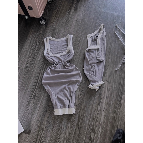 Set Đầm Body Gân Viền Phối Hoa Kèm Khoát Ngắn