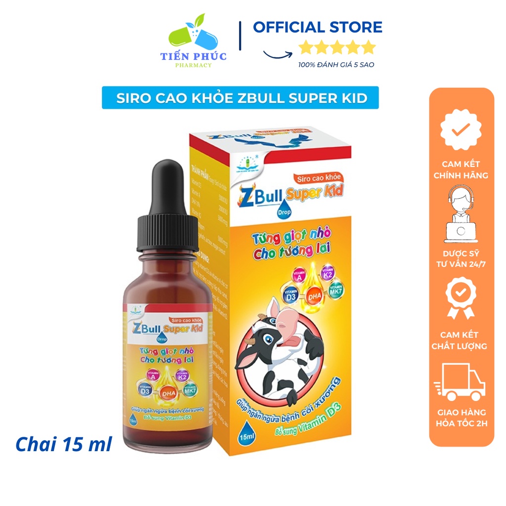 Siro cao khỏe Zbull Super Kid Drop - Bổ sung Vitamin D3 K2 hỗ trợ hấp thu Canxi, tăng sức đề kháng  Chai 15ml