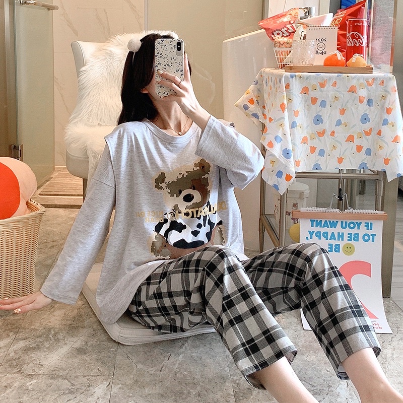 Shop Bầu Mẹ Mon - Bộ Dài Tay Bầu Sau Sinh Cho Con Bú Cotton Nguyên Chất Gấu Xám Quần Kẻ Ô Form Rộng