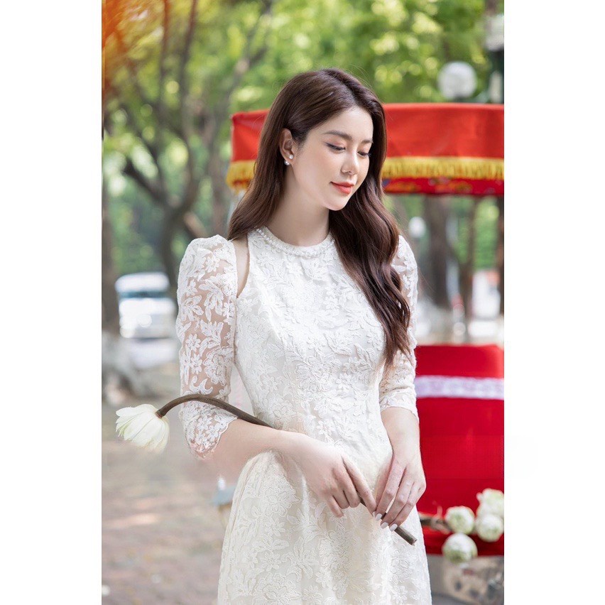 Sét áo dài cách tân hoa ren nổi kèm quần lụa bigsize Mũm Mĩm từ 50kg đến 100kg (M/L/XL/XXL)(Đồ tế)(sét bộ)