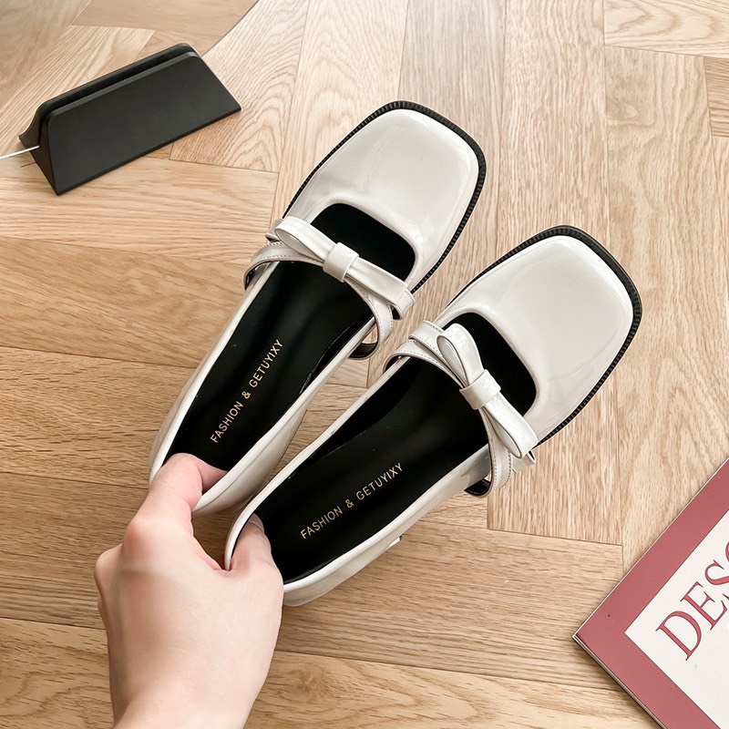 Giày Búp Bê Đế Đốc 2.5Cm Mũi Tròn Da Bóng Quai Nơ Ngang