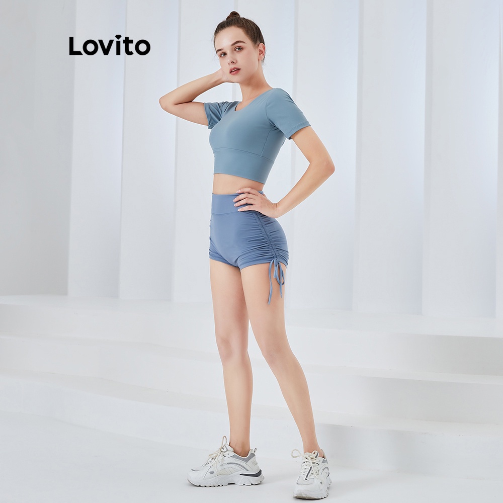 Áo lót thể thao Lovito dáng ôm màu trơn không gọng bao phủ 3/4 ngực dây chéo thoáng khí L04007 (xanh dương）