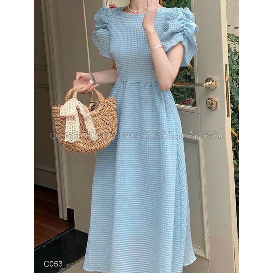 [12.12 Sales FFreeship] Đầm nữ vintage dáng dài, đầm chất xô cổ tròn ôm eo tay phồng bèo dáng xòe nhiều màu sắc xinh xắn