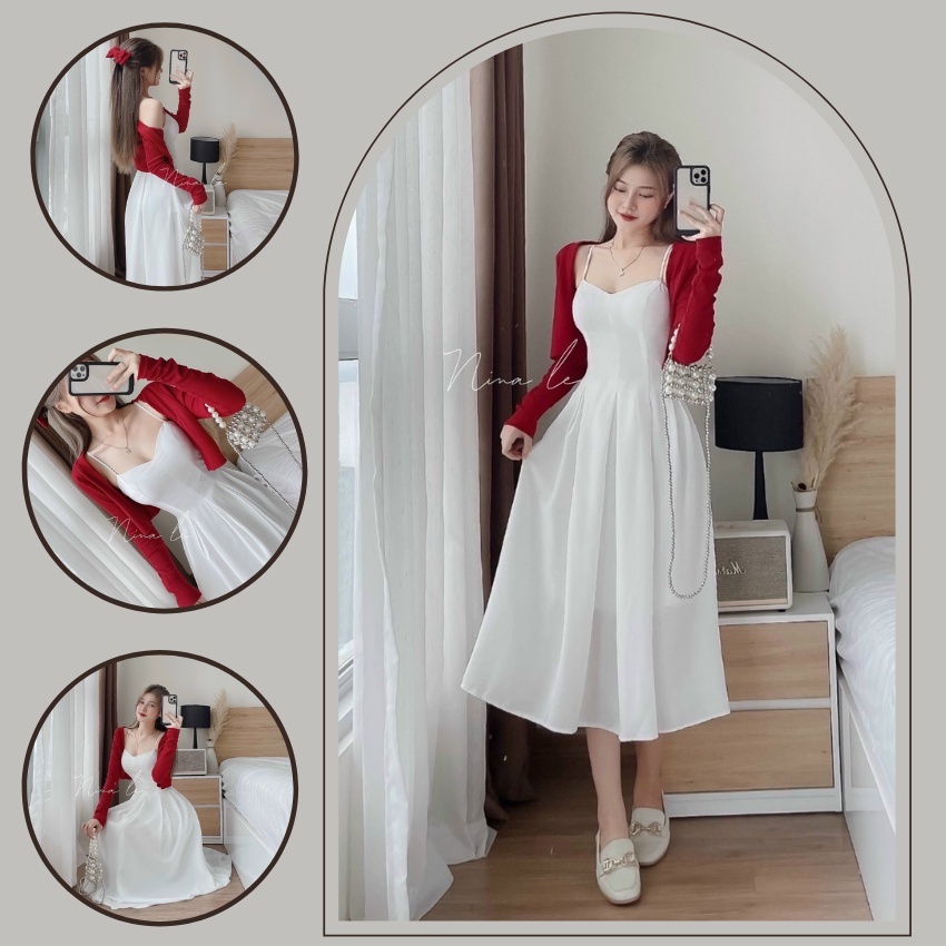 Sét bộ váy đầm 2 dây dáng xòe xếp ly kèm áo khoác ngoài dễ thương dao phố ( có mút ngực )