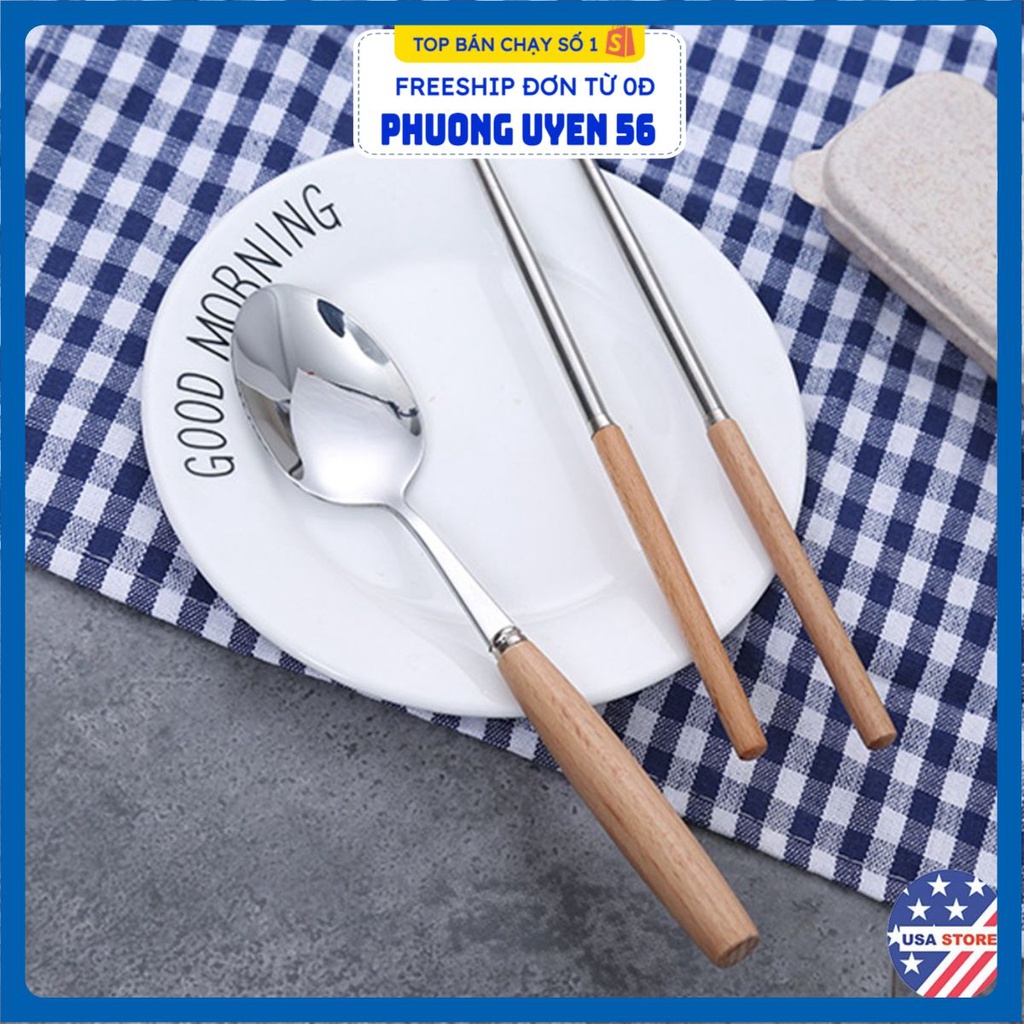 Set Đũa - Thìa Cá Nhân Ăn Cơm Trưa Văn Phòng INOX 304 Cán Gỗ T3 - Tặng Hộp Lúa Mạch Cao Cấp