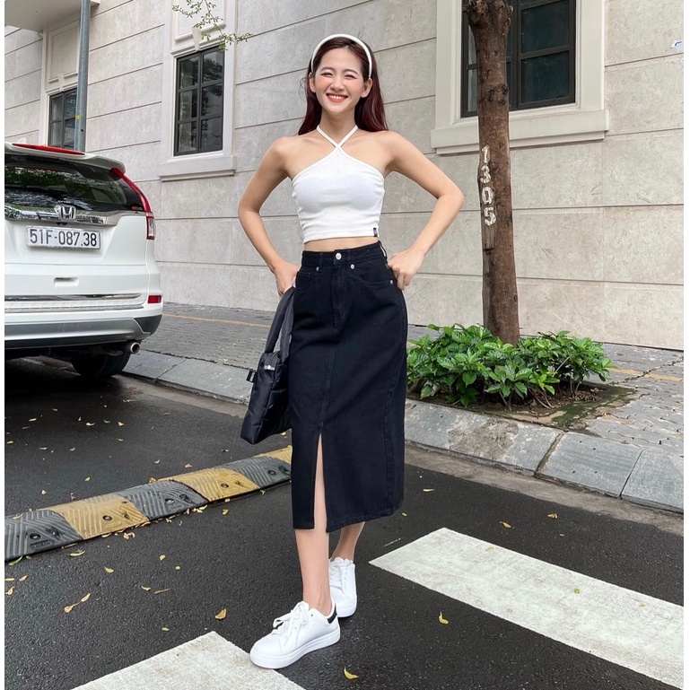 Chân váy jeans HEYBEE xẻ tà giữa  - MIDI JEANS SKIRT HJ1355