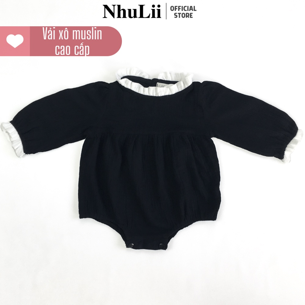 Body suit cho bé NHULII Bộ liền thân xô muslin dài tay đen huyền cho bé 4 đến 12 Kg NI039