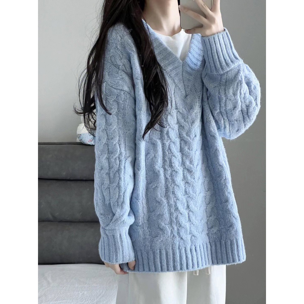 Áo Len Màu Xanh Áo Dệt Kim Cổ Chữ V Rộng Rãi Phong Cách Hàn Quốc Mùa Thu Đông Cho Nữ Áo Khoác Xoắn Sành Điệu