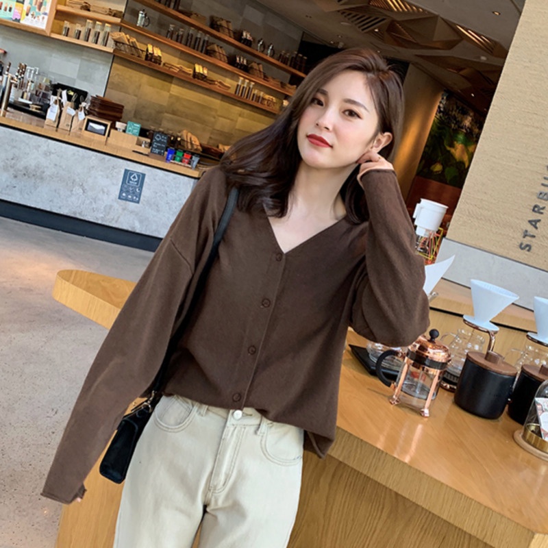 Áo Khoác Cardigan Dệt Kim Tay Dài Cổ Chữ v Màu Sắc Đơn Giản