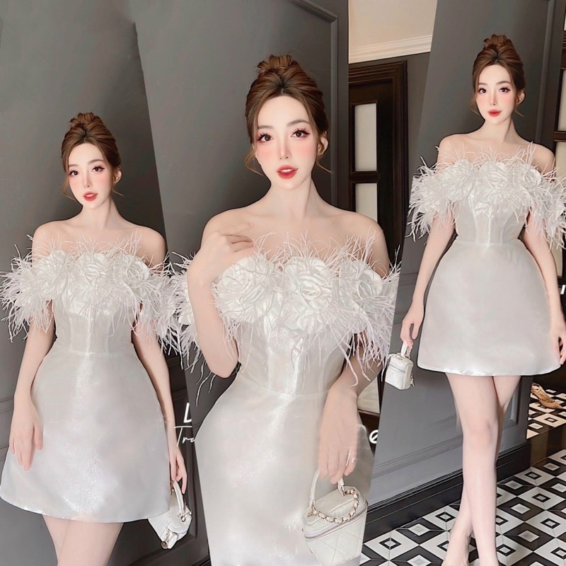Đầm trắng cao cấp chữ A cúp ngực đính hoa lông bẹt rớt vai Váy đi chơi dự tiệc sang trọng hotgirl tk party sinh nhật