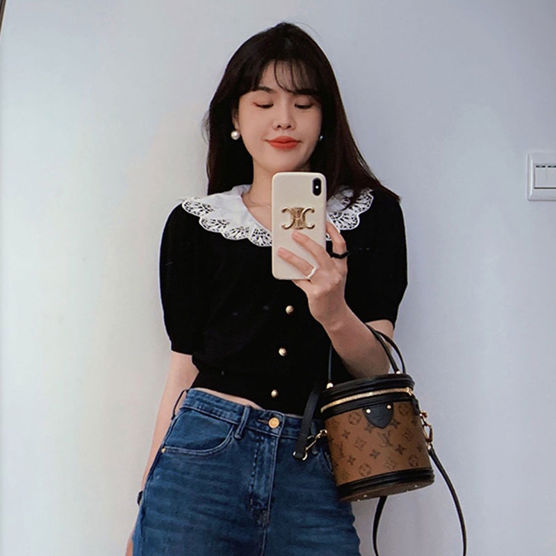 Áo Thun Dệt Kim Tay Ngắn Cổ Chữ V Thời Trang Hàn Quốc Dành Cho Nữ