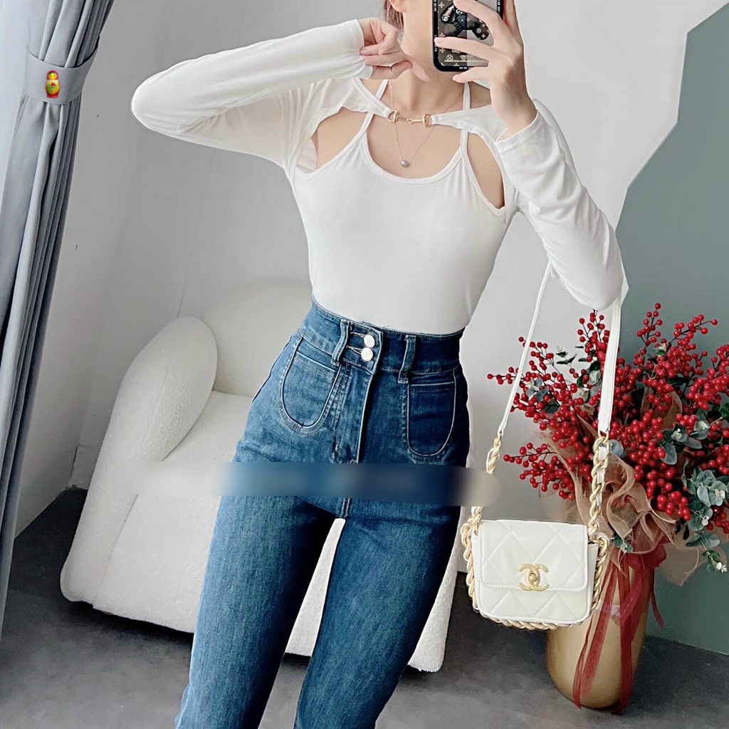 Áo kiểu tay dài phối kiểu cổ yếm 1 dây móc ngang ngực cực hot , chất thun gân dày dặn