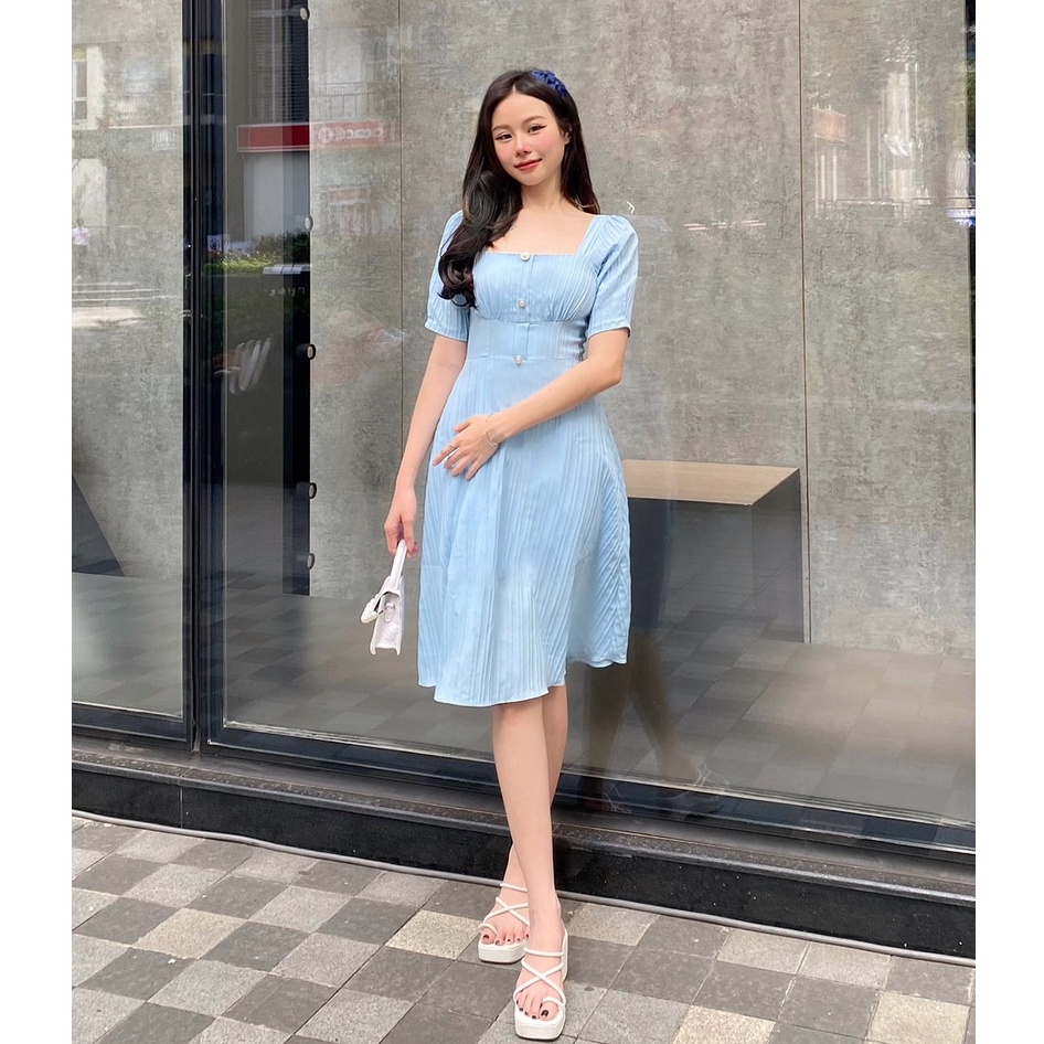 Đầm xanh dự tiệc sang trọng cổ vuông dáng dài xòe đẹp thiết kế cao cấp tay ngắn thanh lịch eo tôn dá