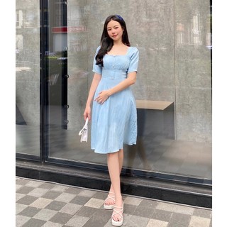 Đầm xanh dự tiệc sang trọng cổ vuông dáng dài xòe đẹp thiết kế cao cấp tay ngắn thanh lịch eo tôn dáng – Lux W Fashion