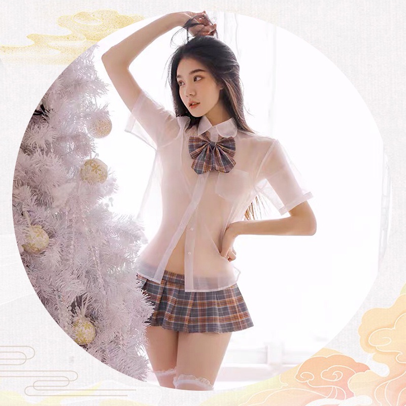 BT6226 Đồ ngủ sexy cosplay nữ sinh áo sơ mi xuyên thấu kèm chân váy caro cạp cao gợi cảm | BigBuy360 - bigbuy360.vn