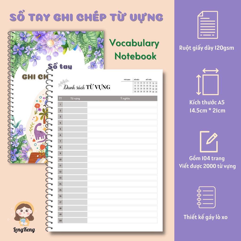 Sổ tay lò xo Ghi chép học 2000 từ vựng - Giấy dày 120gsm - Học từ vựng hiệu quả với Vocabulary Notebook
