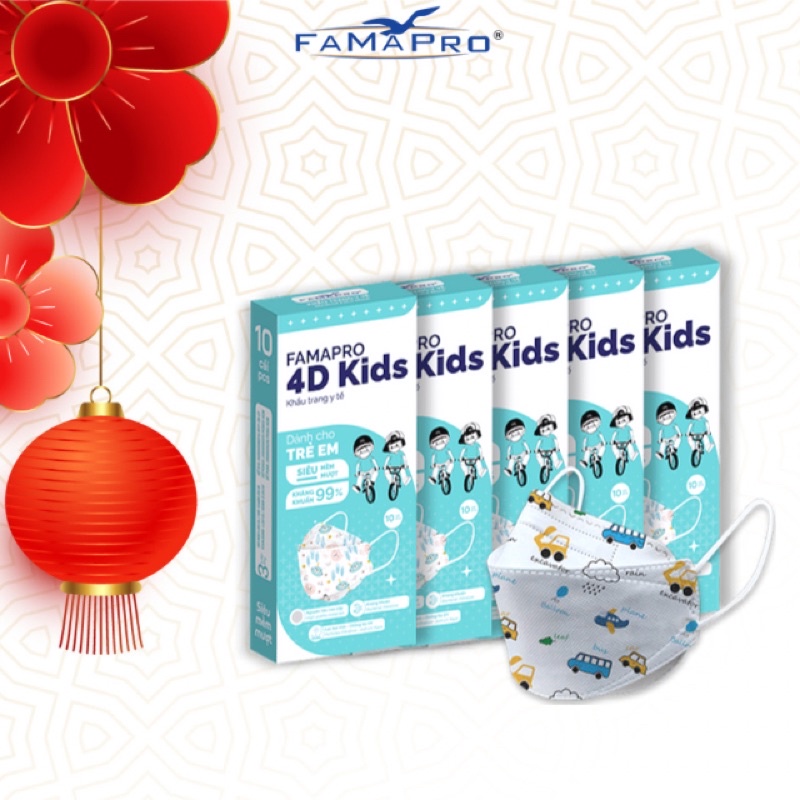 [4D MASK KIDS (KF94)- COMBO 5- HỘP 10 CÁI] Khẩu trang y tế cao cấp trẻ em kháng khuẩn 3 lớp Famapro cho bé 3-6 tuổi