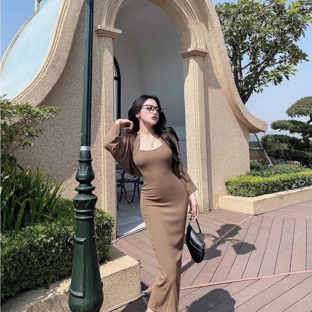 Set Đầm Body Kèm Áo Khoác Ngoài Thun Tăm Siêu Đẹp