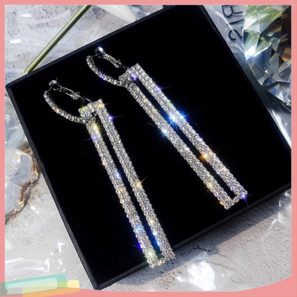 Khuyên tai nữ dáng dài đính đá dáng chữ nhật rỗng