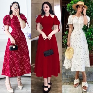 Đầm midi cổ yếm tay phồng