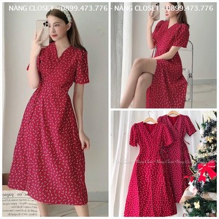 [CÓ SẴN] Đầm midi hoa nhí đắp chéo cột nơ eo form dài/ngắn màu đỏ đô/xanh/đen NÀNG CLOSET