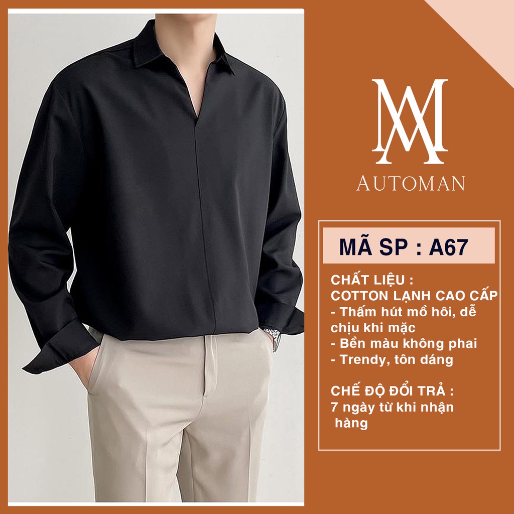 Sơ mi nam cổ chữ V, form rộng Unisex nam nữ tay dài không có khuy phong cách Hàn Quốc AUTOMAN A67
