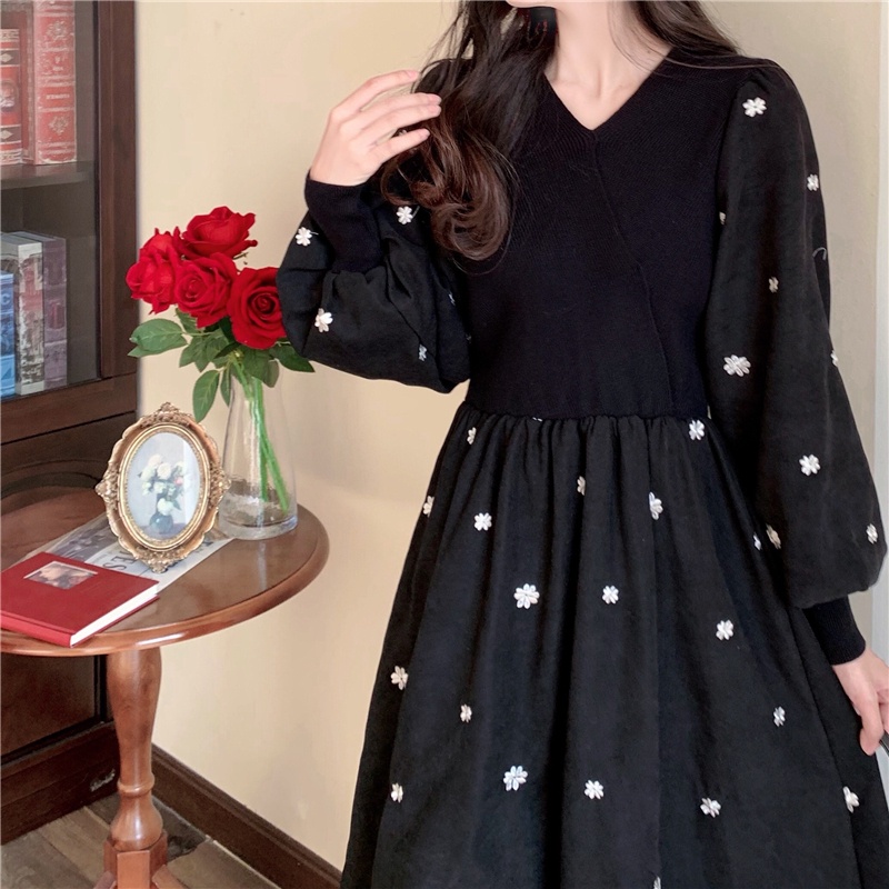 ZHELIHANGFEI Đầm Pháp cổ chữ V tay áo cổ chữ V váy dài kiểu dáng cao đa năng