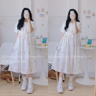 Váy trắng hoa cúc, đầm trắng ulzzang cài cúc ngực 2 lớp dày dặn - V51