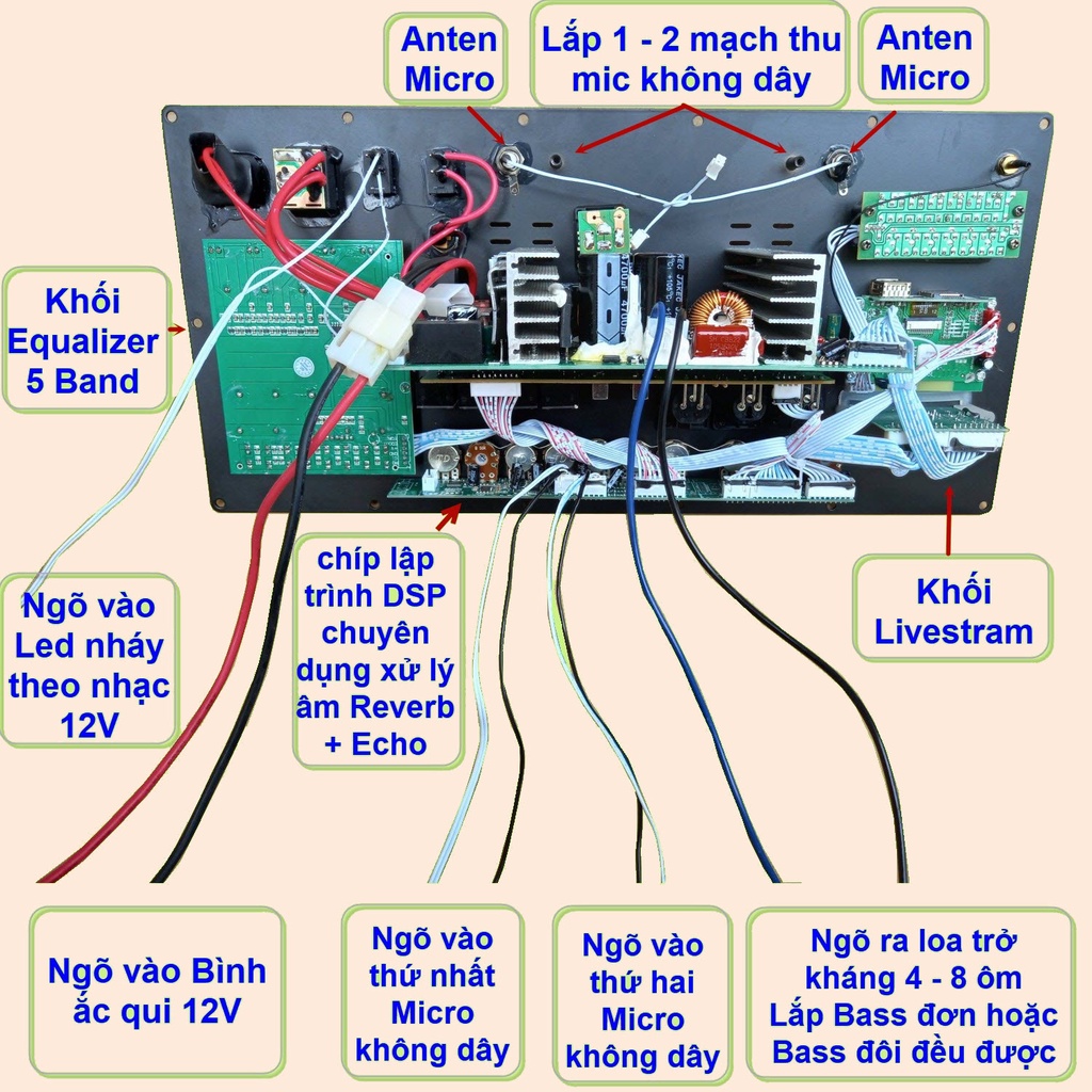 Mạch loa kéo 500W Reverb chống hú DSP Livestream Equalizer 5 Band  dùng 4 tay micro