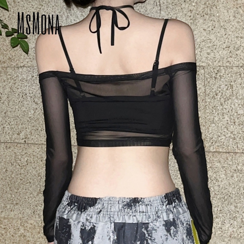 MsMona Áo Thun Tay Dài Hở Vai Màu Đen Trơn Dáng Ôm Thời Trang 2022 Dành Cho Bạn Nữ