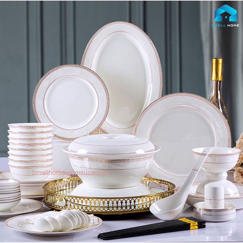 Bộ bát đĩa Họa Ảnh 56 món bằng sứ xương cao cấp, họa tiết viền tinh xảo, sang trọng, phong cách Bắc Âu.