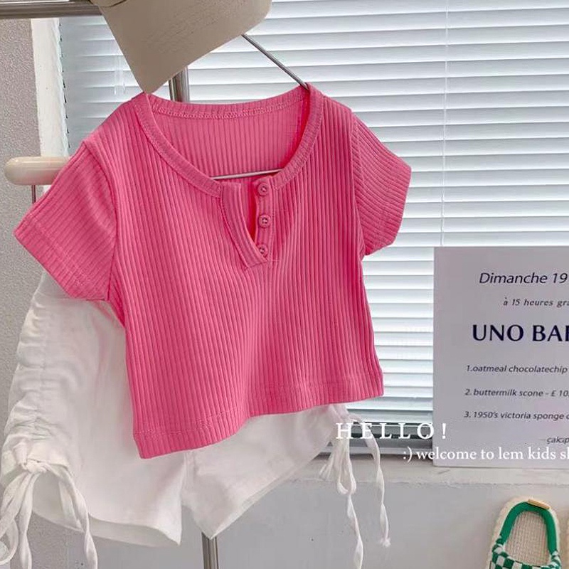 Áo Thun Ngắn Tay + Chân Váy Lưng Cao Co Giãn Màu Sắc Ngọt Ngào Thời Trang Cho Bé Gái