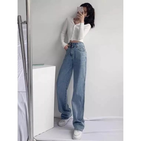 Quần baggy jean nữ lưng cao, thêu hình trái tim 2 bên ống, màu xanh jean JL32 JL JohnsonLi