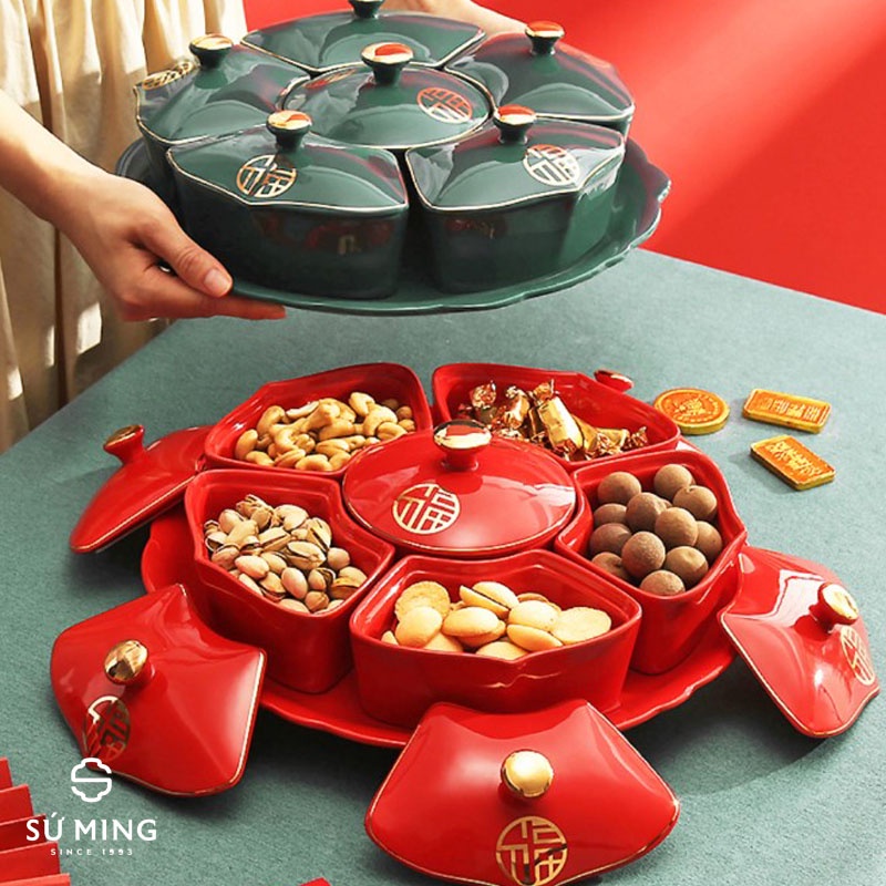 Khay Mứt Tròn 6 Hũ Sứ Cao Cấp, Khay Đựng Bánh Kẹo Trang Trí Tết, Giao Hàng Nhanh.