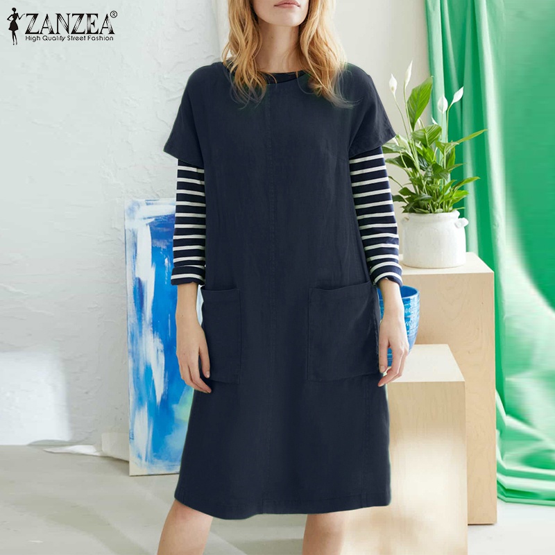 ZANZEA Đầm Nữ Ngắn Tay Cổ Tròn Màu Trơn Thời Trang