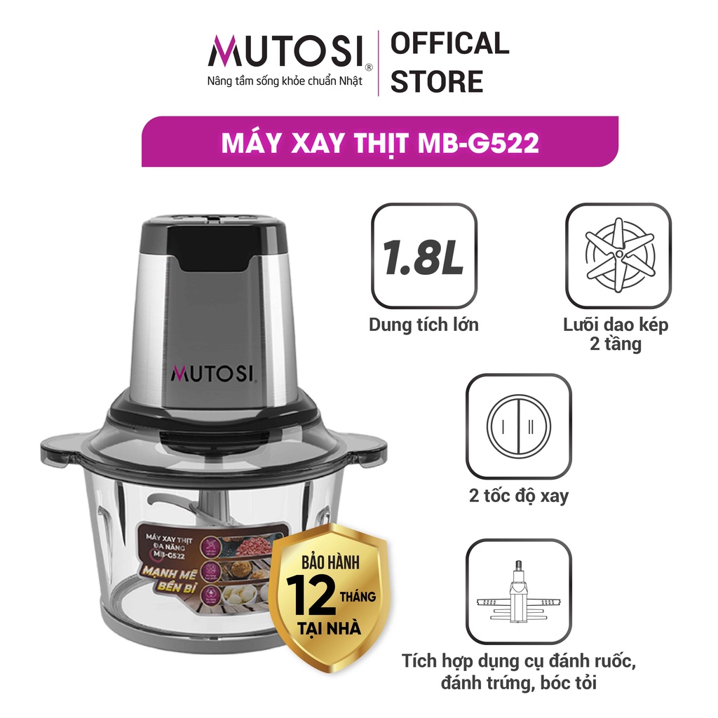 Máy xay thịt, Máy xay đa năng Mutosi MB-G522, Dung tích 1,8L - Dày 6.5mm, Công suất 350W